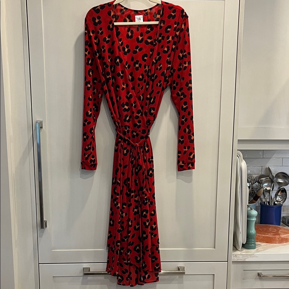 EUC Cabi Siren Leopard Print Wrap Dress with mesh sleeves and layered scoop hem